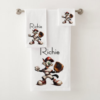 Goofy Cat Baseball Pitcher Winds Up with Name Bath Towel Set