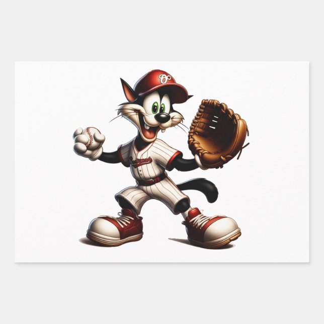 Goofy Cat Baseball Pitcher Winds Up Wrapping Paper Sheet (Front)