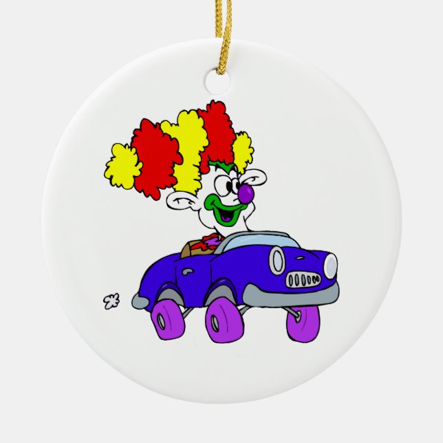 Goofy Clown in little car Ceramic Tree Decoration (Front)