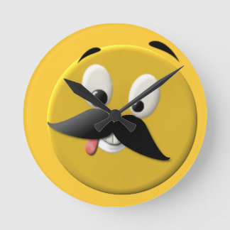 Goofy Happy Face with Moustache Round Clock