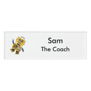 Goofy yellow toy robot name tag
