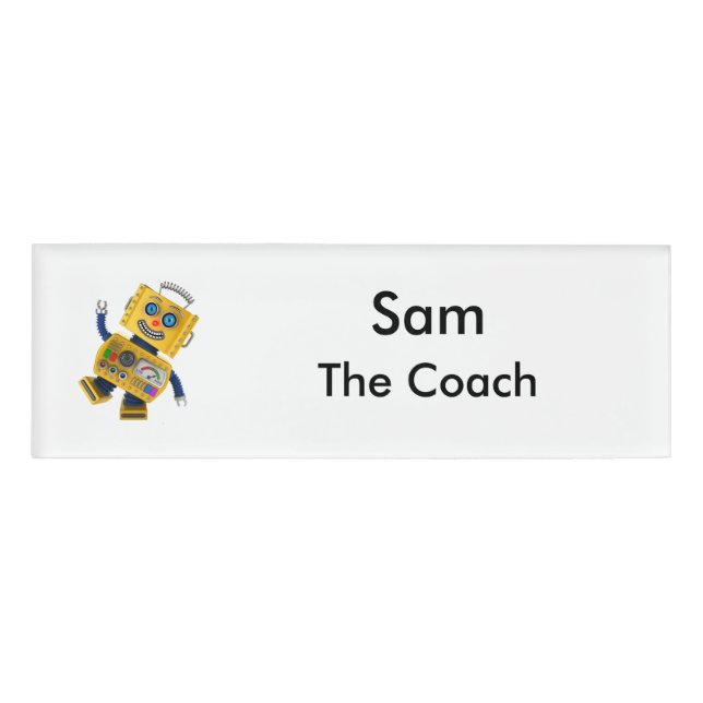 Goofy yellow toy robot name tag (Front)