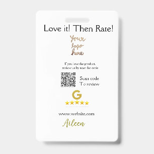 Google rate us review order purchase business QR ID Badge