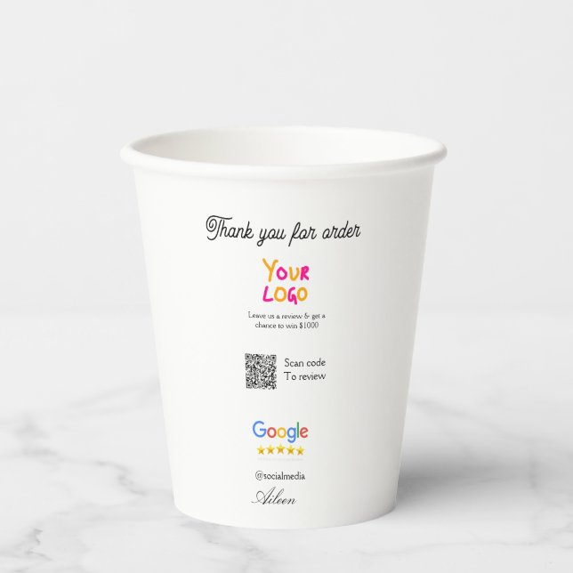 Google review business logo website scan QR code Paper Cups (Front)