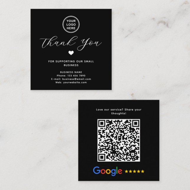 Google Review QR Code Thank You Black Modern Square Business Card (Front/Back)
