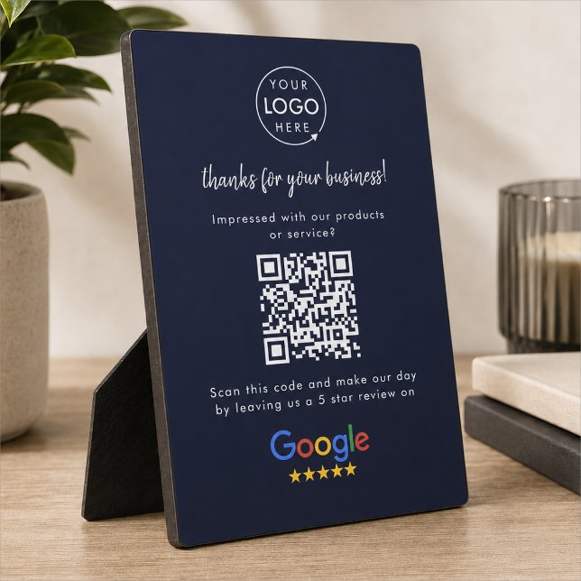 Google Reviews Easel Sign | QR Code Display Plaque (Google Review interactive QR code tabletop easel plaque sign branded with your company logo.)