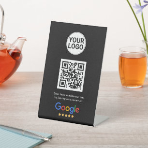 Google Reviews QR Code Dark Theme Custom Logo Pedestal Sign