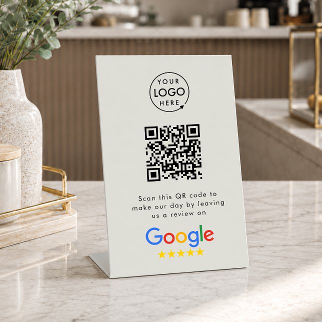 Google Reviews Tabletop Sign | QR Code Pedestal (Gain Google reviews & grow your business with this editable call-to-action rating request signage.)