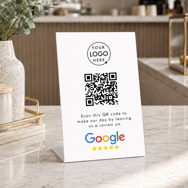 Google Reviews Tabletop Sign | QR Code Pedestal (Gain Google reviews & grow your business with this editable call-to-action rating request signage.)