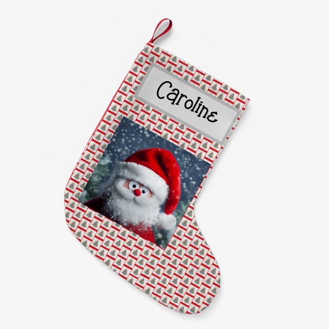 Googly Eyes Funny Santa, Customised With Name,  Small Christmas Stocking (Front (Hanging))