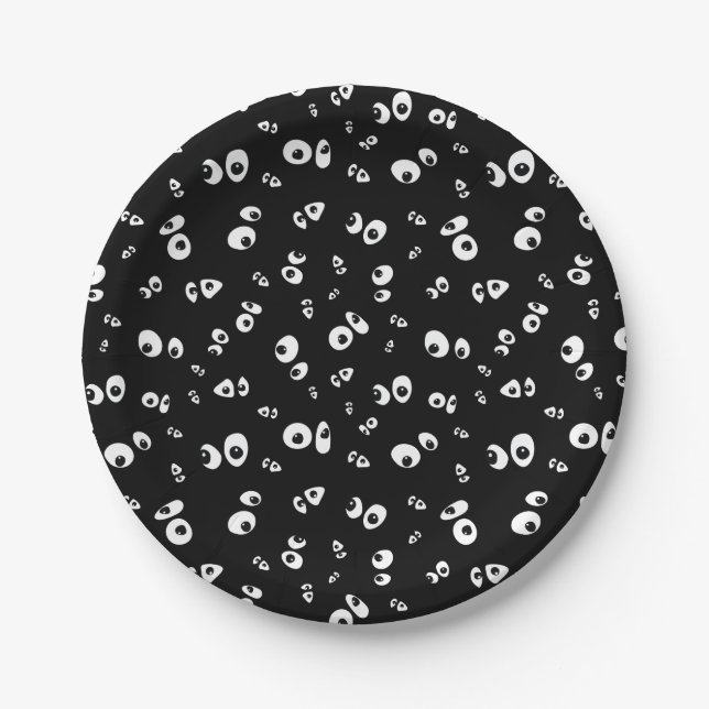 Googly Eyes in the Dark black and white Halloween Paper Plate (Front)