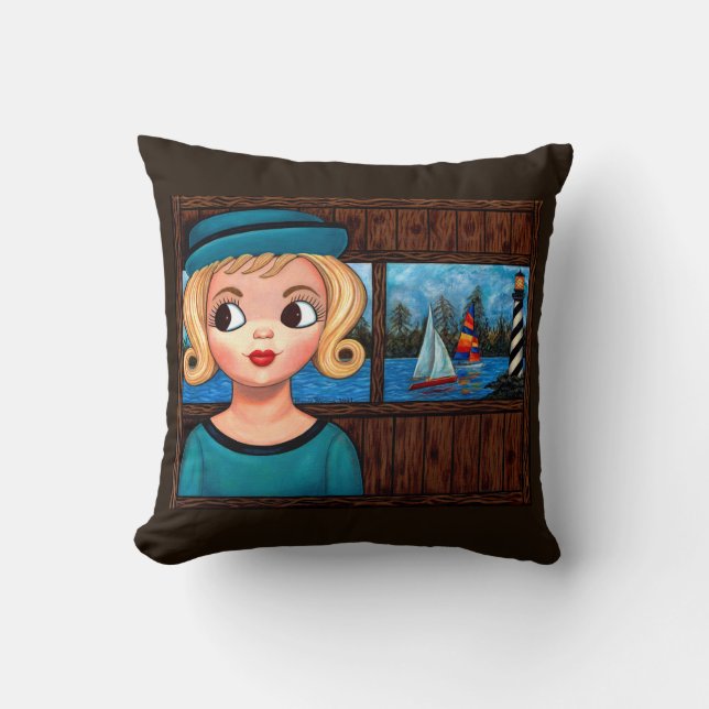 Googly Girl Sailor Head Vase Lighthouse Sailboat Cushion (Front)