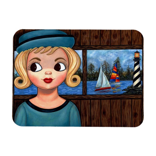 Googly Girl Sailor Head Vase Lighthouse Sailboat Magnet (Horizontal)