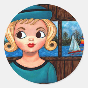Googly Girl Sailor Head Vase Sailboat Classic Round Sticker