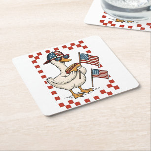 Goose American USA Flag Memorial Day 4th of July Square Paper Coaster