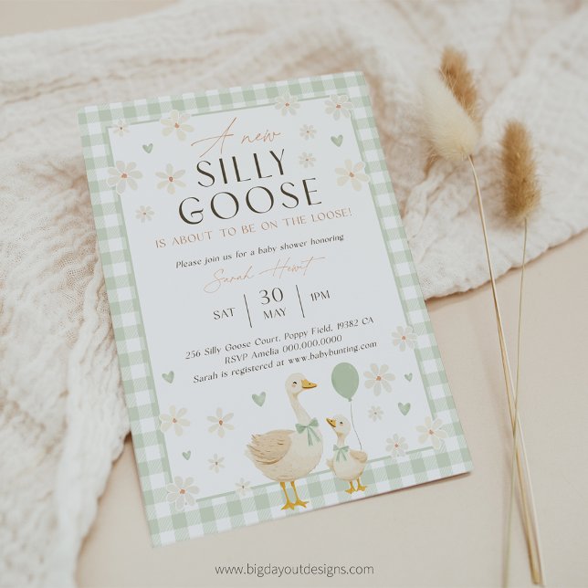 Goose Baby Shower Invite Green. Gender Neutral Gin (Goose Sage Green Baby Shower Invitation)