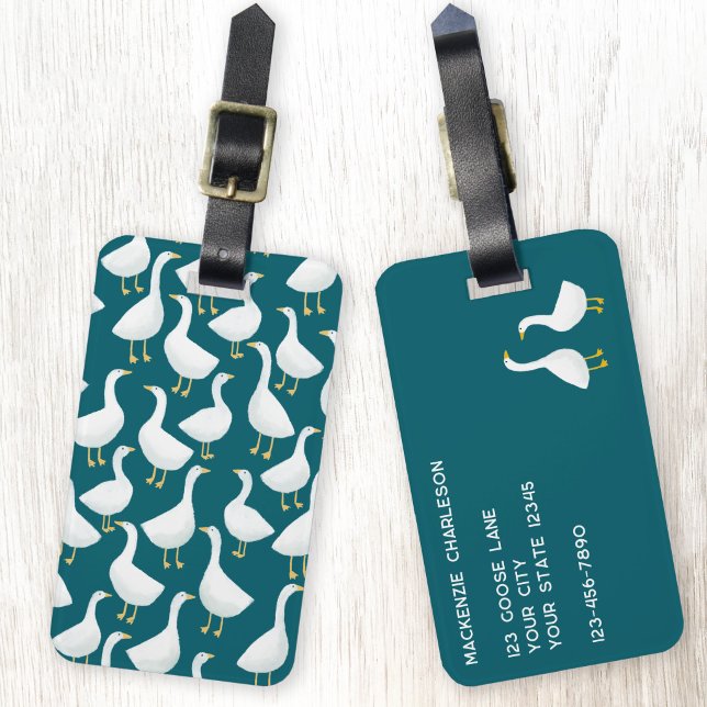 Goose Bird Pattern Teal Green Luggage Tag (Goose geese art custom text luggage tag in teal green)