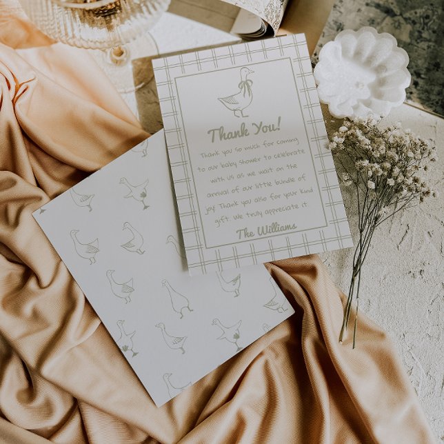 Goose Drawn Green Gingham Classic Baby Shower Thank You Card (Creator Uploaded)