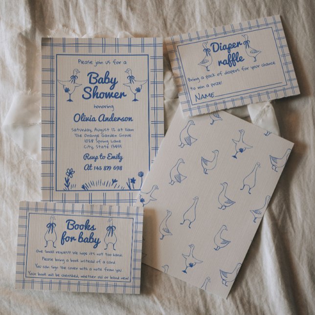 Goose Hand Drawn Blue Gingham Baby Boy Shower Invitation (Creator Uploaded)