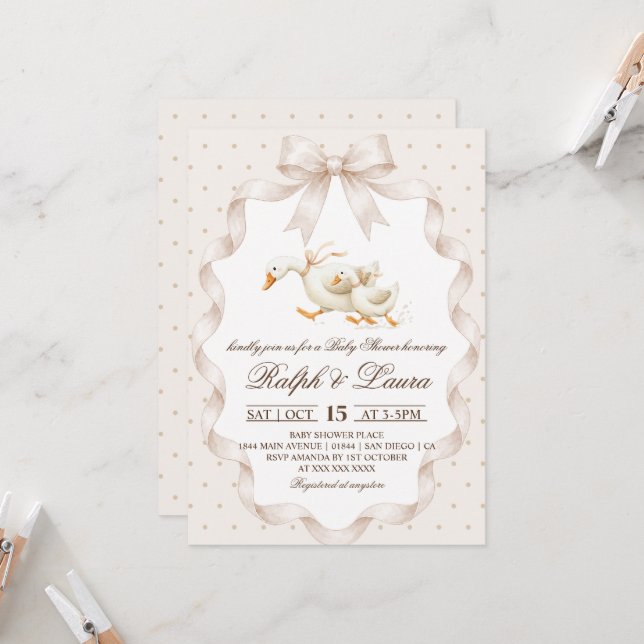 Goose Neutral Polka Dot Baby Shower Invitation (Front/Back In Situ)