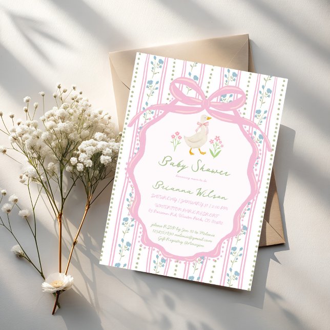 Goose nursery rhymes baby shower invitation (Goose nursery rhymes preppy pink bow baby shower invitation cards template )