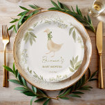 Goose nursery rhymes baby shower monogrammed paper plate<br><div class="desc">Goose nursery rhymes baby shower monogrammed paper plates template ,  pastel boho cute goose with a ribbon baby shower personalised paper plates  boho baby shower napkins nursery rhymes baby printed plates gender neutral baby shower customised paper plates personalised table decorations goose baby shower party supplies</div>