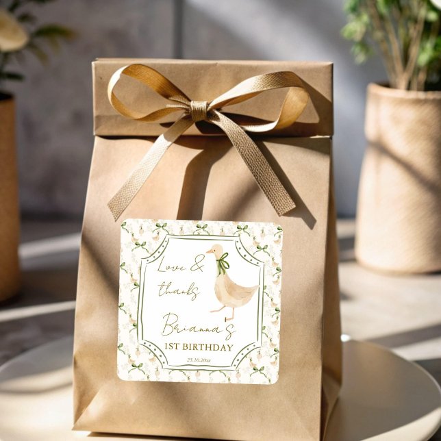 Goose nursery rhymes birthday party favour square sticker (Goose nursery rhymes birthday party favor sticker silly goose personalized favor stickers)