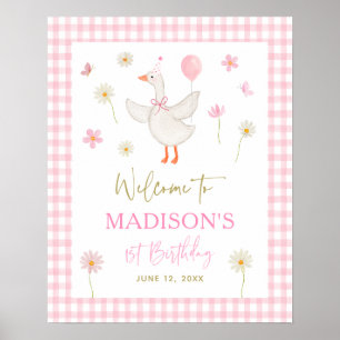 Goose Spring Pink Daisy First Birthday Welcome Poster