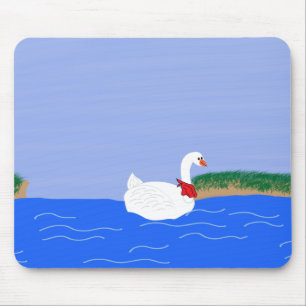 Goose White in Lake Cartoon Art Mouse Pad