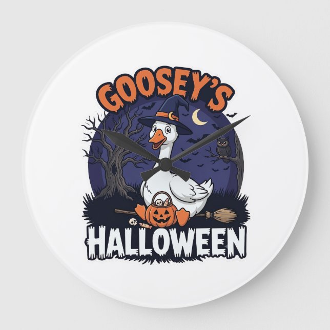 Gooseys Halloween Goose Witch Hat Pumpkin_1 Large Clock (Front)