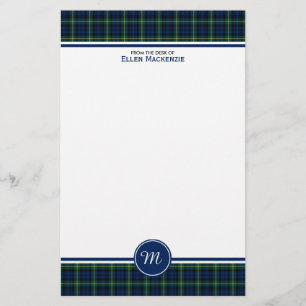 Gordon Clan Dark Blue and Green Tartan Monogram Stationery