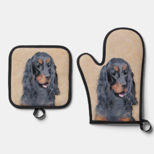 Gordon Setter Painting Black Cute Original Dog Art Oven Mitt & Pot Holder Set