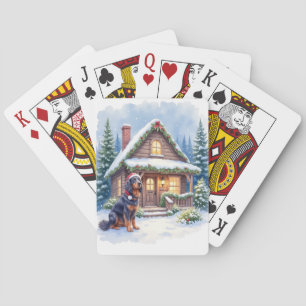 Gordon Setter Snowy Lodge Santa Hat Christmas Art Playing Cards