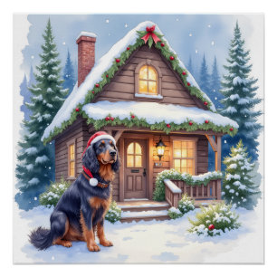 Gordon Setter Snowy Lodge Santa Hat Christmas Art Poster