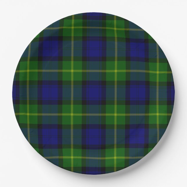 Gordon tartan blue green plaid paper plate (Front)
