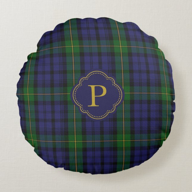 Gordon Tartan Plaid Custom Monogram Round Cushion (Front)