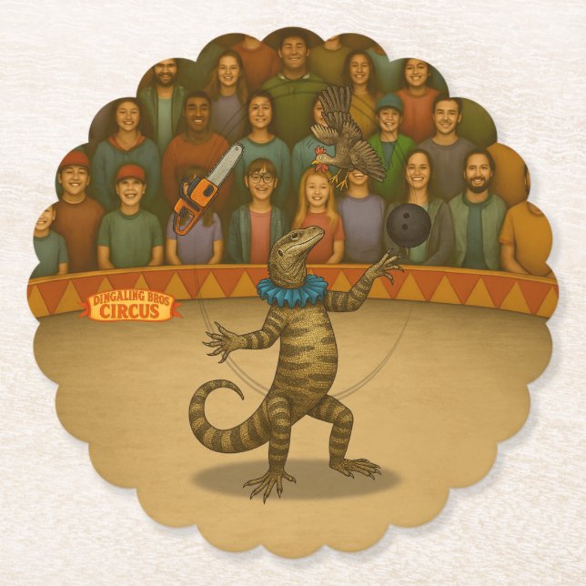 Gordy, goanna juggler paper coaster (Front)