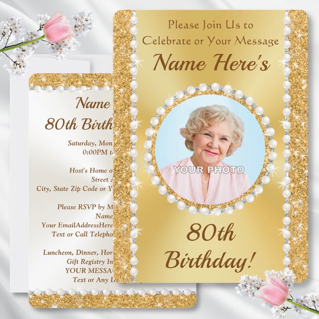 Gorgeous, 80th Birthday Invitations with PHOTO, (Invitations for 80th birthday. 80th birthday invitations with photo. 80th birthday invitations. Her)