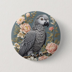 Gorgeous African Grey Parrot With Elegant Florals 6 Cm Round Badge