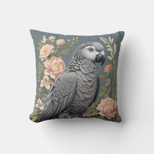 Gorgeous African Grey Parrot With Elegant Florals Cushion