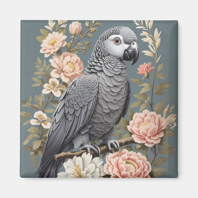Gorgeous African Grey Parrot With Elegant Florals Magnet (Front)
