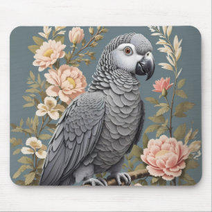 Gorgeous African Grey Parrot With Elegant Florals Mouse Pad