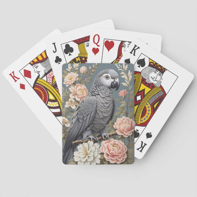 Gorgeous African Grey Parrot With Elegant Florals Playing Cards (Back)