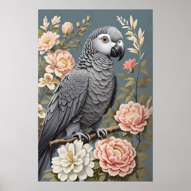 Gorgeous African Grey Parrot With Elegant Florals Poster (Front)