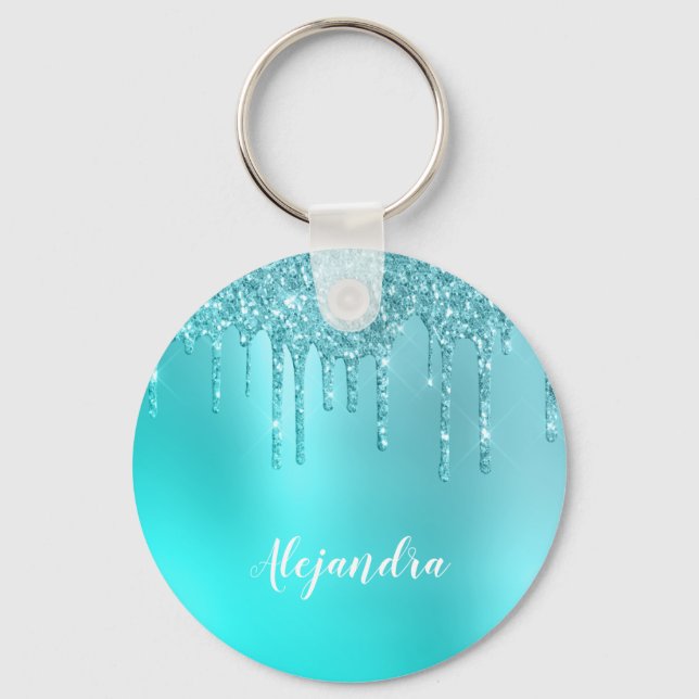 Gorgeous aqua blue mint & turquoise glitter drips key ring (Front)