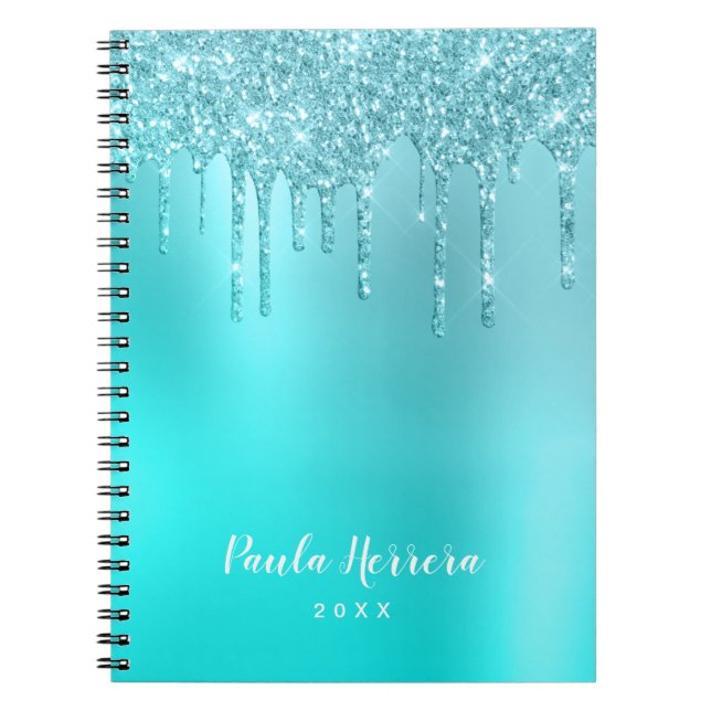 Gorgeous aqua blue mint & turquoise glitter drips notebook (Front)