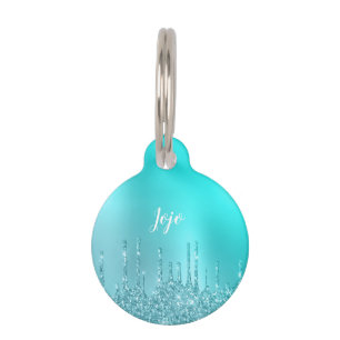 Gorgeous aqua blue mint & turquoise glitter drips pet tag
