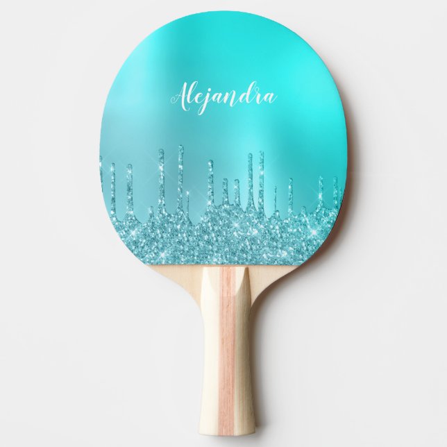 Gorgeous aqua blue mint & turquoise glitter drips ping pong paddle (Front)