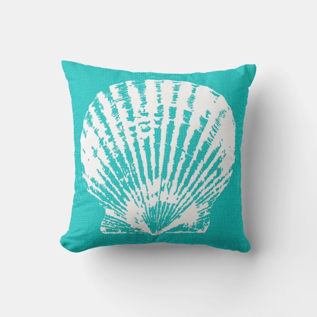 Gorgeous Aqua with White Seashell Burlap Look Cushion (Front)