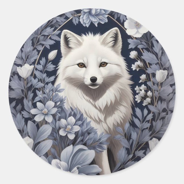 Gorgeous Arctic Fox William Morris Inspired Classic Round Sticker (Front)